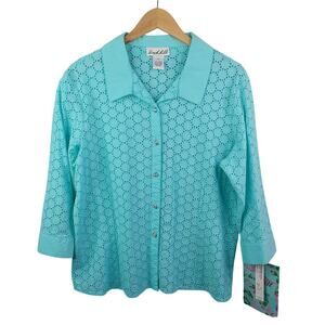 Birch Hill Women Embroidered Eyelet Button Up Top XL Aqua Cotton Resort Beach